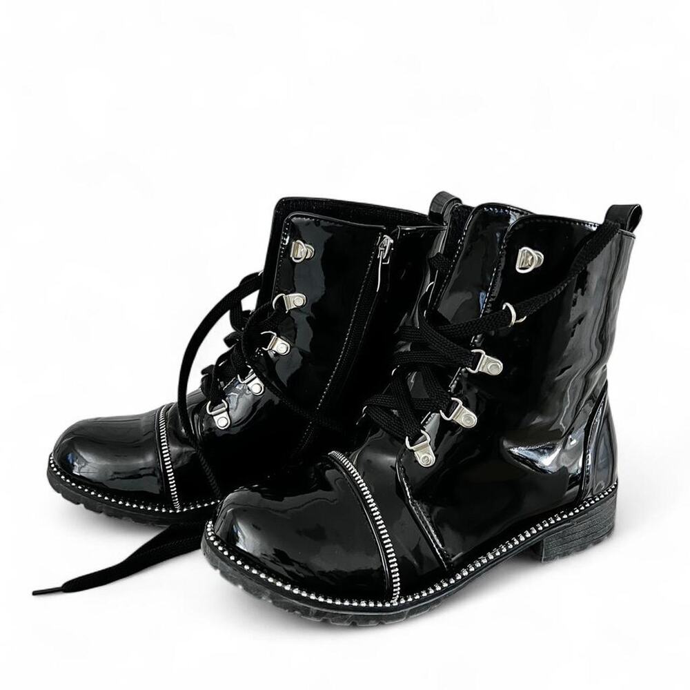 Black Patent Combat Boots Studded Trim Lace Up Lug Sole Grunge Women’s Size 10